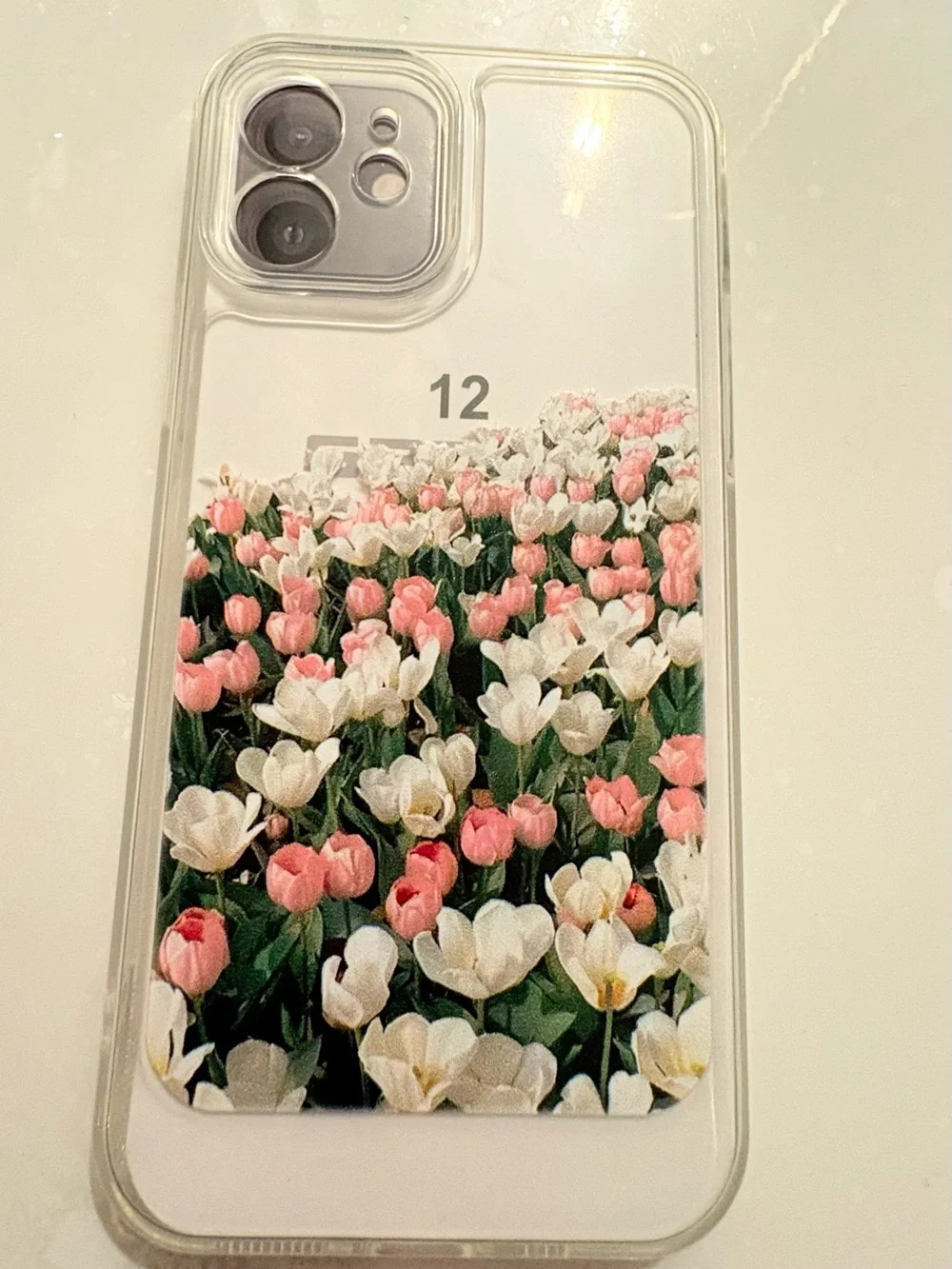 Clear Transparent Floral Tulip Back Case Cover for Apple iPhone 12 Pink